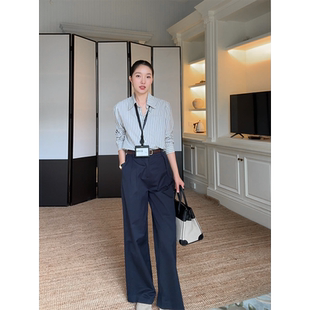 郭九九呢 100%棉通勤条纹宽松显瘦衬衫女秋季上衣直筒阔腿裤裤子