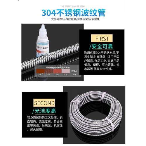 304不锈钢波纹管热水器马桶冷热进出水管4分6分1寸防爆螺纹管整圈