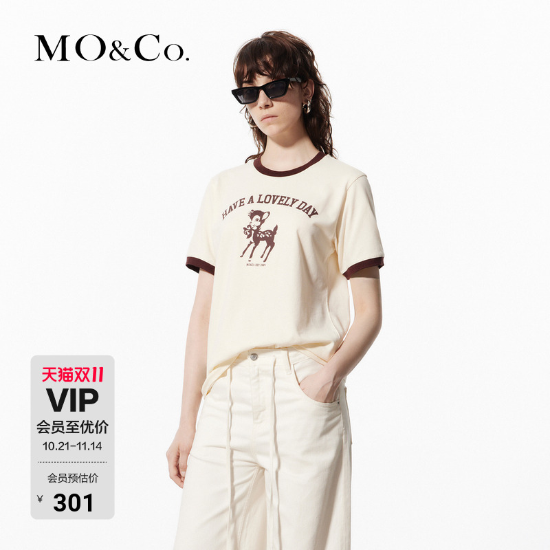 MOCO趣味小鹿标语撞色边T恤