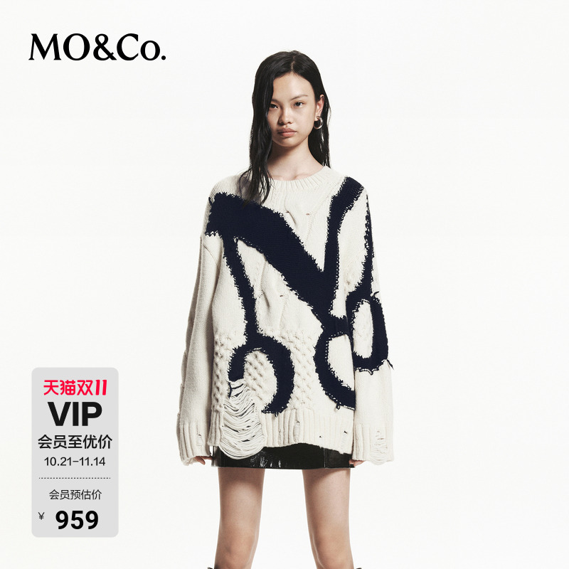 MOCO毛衣LOGO提花粗纺绵羊毛漏针