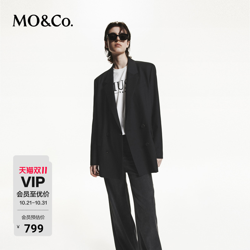 MOCO弹丝绵羊毛垫肩宽松开叉西装