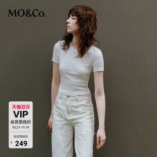 露脐弹力T恤上衣时髦洋气上装 收腰短款 女摩安珂 修身 MOCO圆领短袖