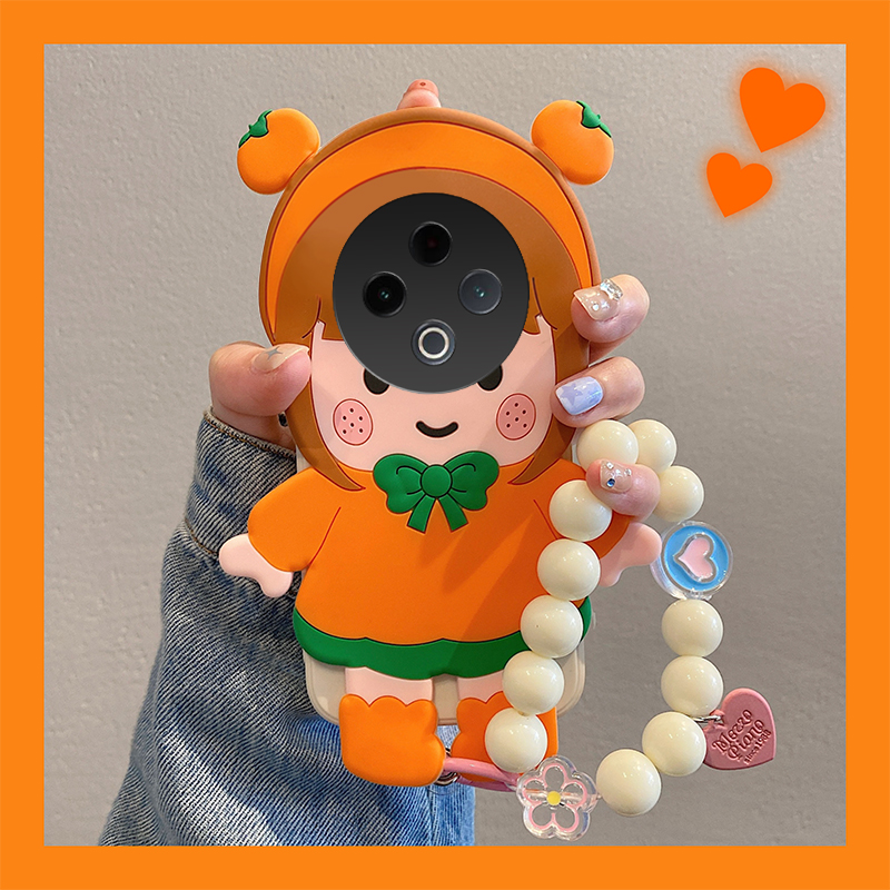 手机壳硅胶可爱卡通柿子女孩带珍珠挂链