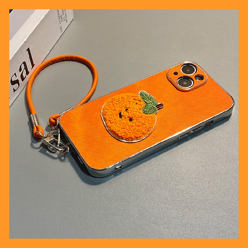 手机壳秋冬橙色刺绣毛绒橘子手绳