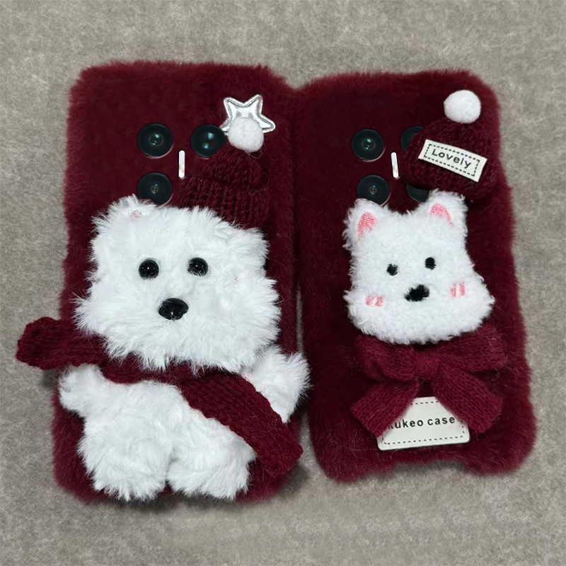 手机壳秋冬毛绒卡通圣诞帽子围巾西高地小狗