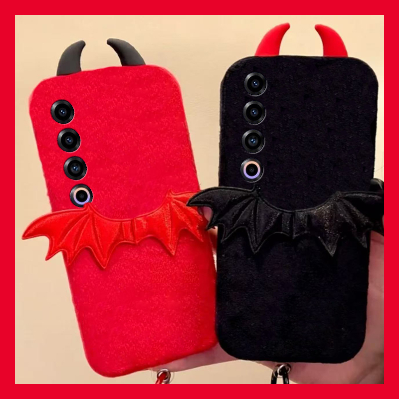 手机壳秋冬毛绒卡通恶魔翅膀立体耳朵尼龙绳