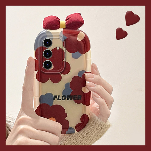 手机壳硅胶ins红色花朵立体秋冬针织蝴蝶结
