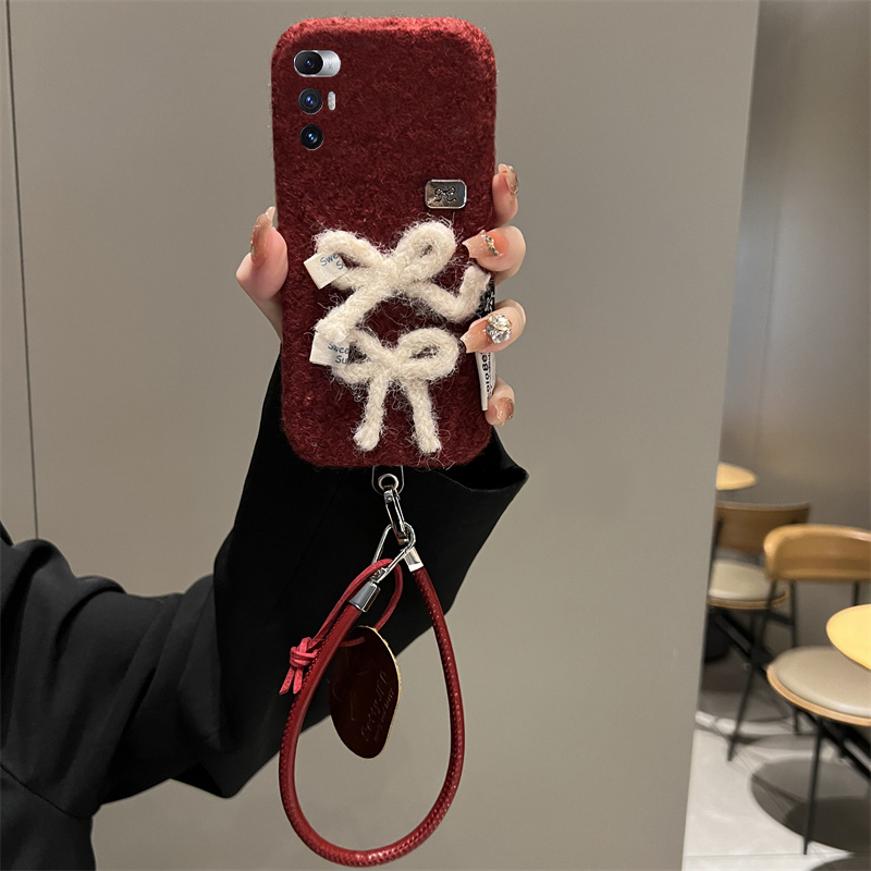 手机壳秋冬绒布红色立体毛绒蝴蝶结挂件皮绳
