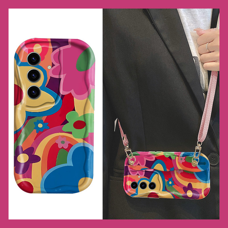 手机壳硅胶ins彩色花朵带腕带支架斜跨挂绳