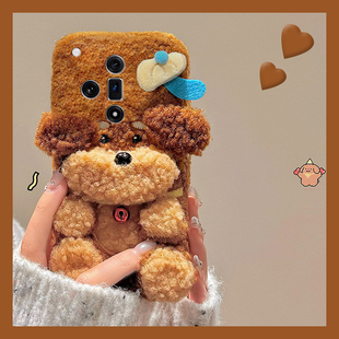 毛绒棕色泰迪狗适用oppok13s手机壳k13turbopro秋冬k12plus立体k11x毛茸茸findx8s+可爱x7ultra小狗k9s十oppo