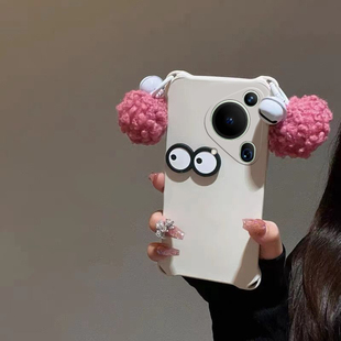 卡通立体眼睛适用华为pura70手机壳pure70pro p4o毛茸茸p 秋冬p70ultra毛绒p60art十p50铃铛p40挂件p30por冬季