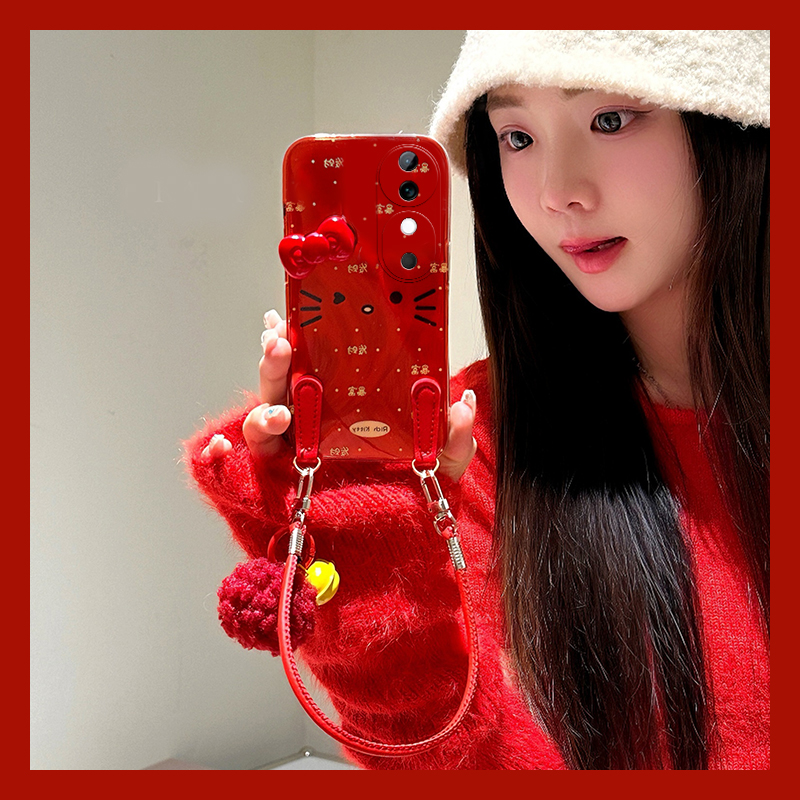 手机壳硅胶渐变镭射凯蒂猫立体蝴蝶结带挂链