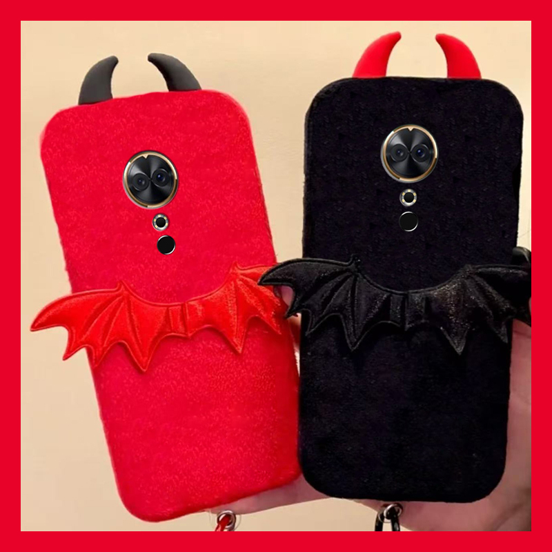 手机壳秋冬毛绒卡通恶魔翅膀立体耳朵尼龙绳