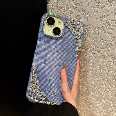 手机壳绒布蓝色牛仔纹奢华立体闪