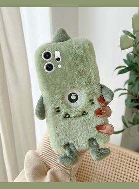 毛绒绿色大眼仔适用opporeno14手机壳13秋冬12毛茸茸11pro+怪兽10立体9por卡通8可爱7se冬天6毛毛ace2十oppo