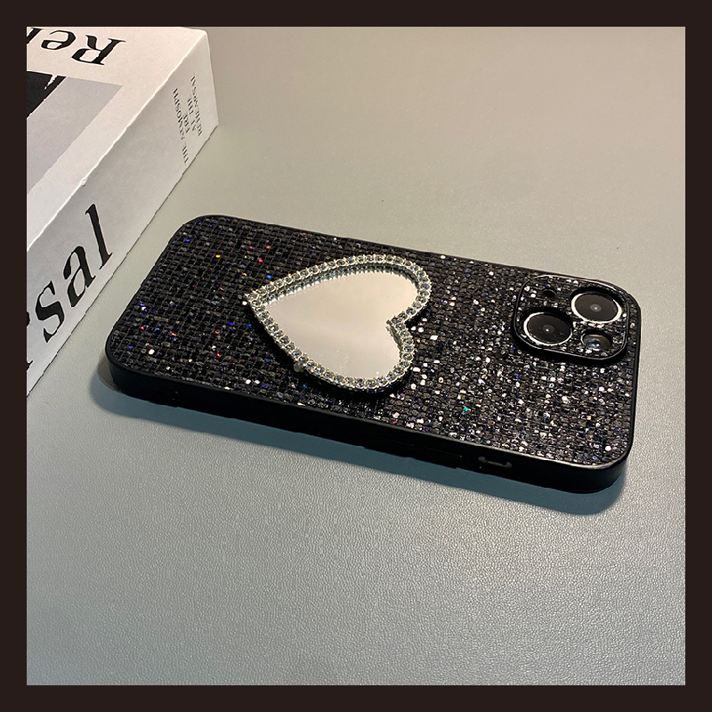 手机壳秋冬绒布闪片亮片水钻钻石爱心镜子