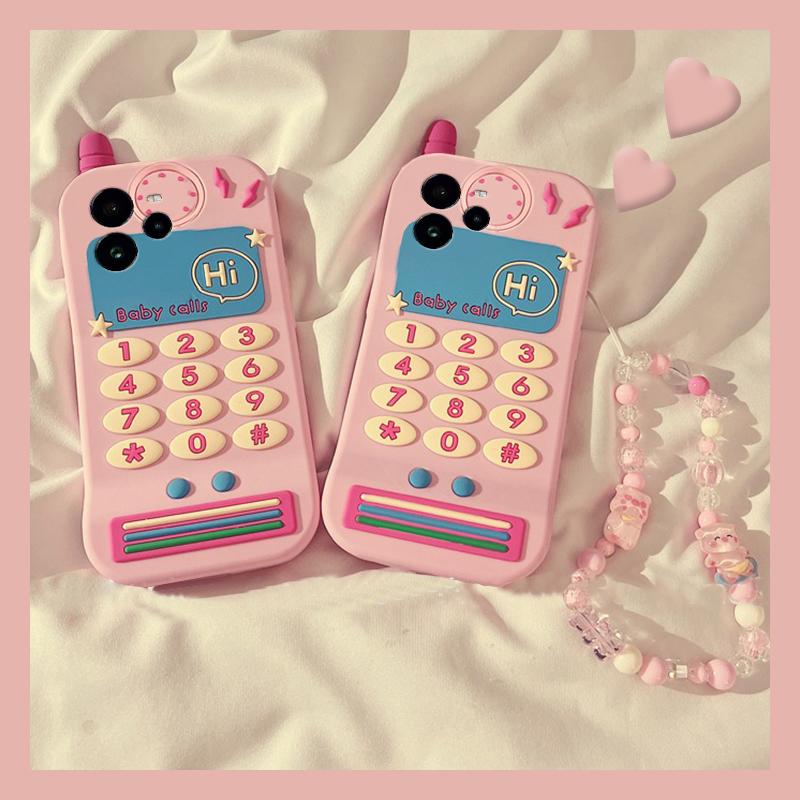 手机壳硅胶ins风粉色大哥大电话机带手绳