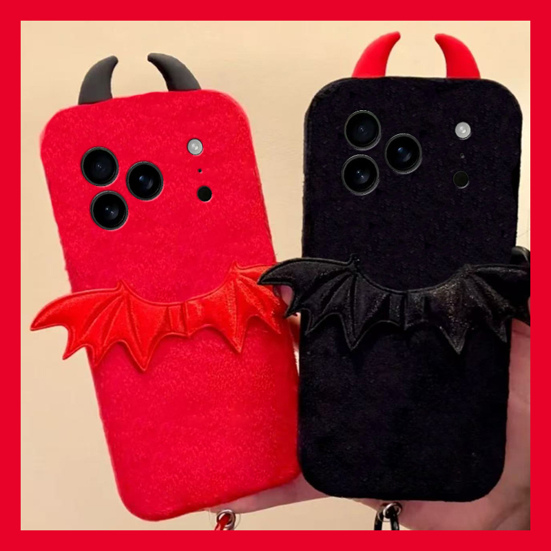 手机壳秋冬毛绒卡通恶魔翅膀立体耳朵尼龙绳