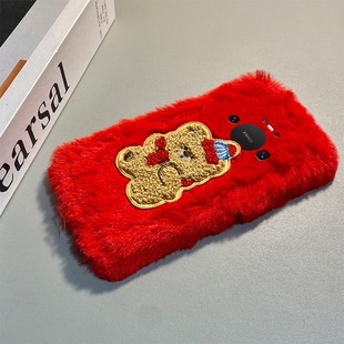 刺绣圣诞小熊适用华为mate80promax手机壳mete80gts秋冬70air毛绒60rs非凡大师50e卡通40pro 红色十huawei女p