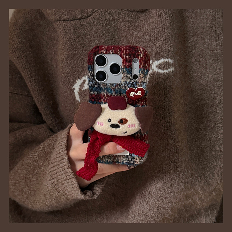 手机壳秋冬绒布条纹立体卡通围巾爱心小狗