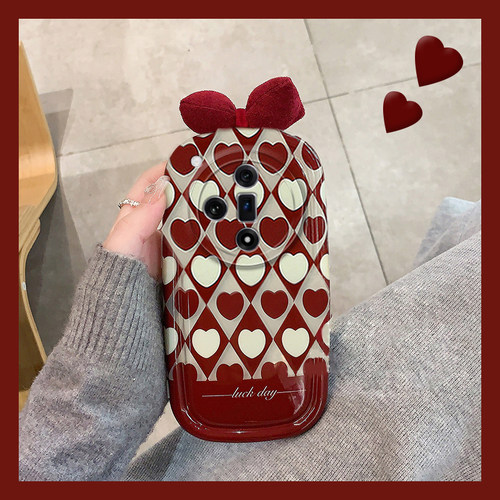 手机壳红色爱心棋盘格带立体秋冬绒布蝴蝶结