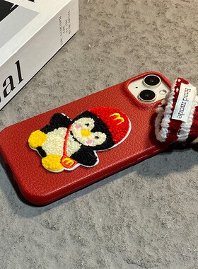 毛绒刺绣企鹅适用小米红米note15pro+手机壳noto14秋冬13立体12turbo红色11t圣诞10por卡通仿皮5g十redmi皮纹