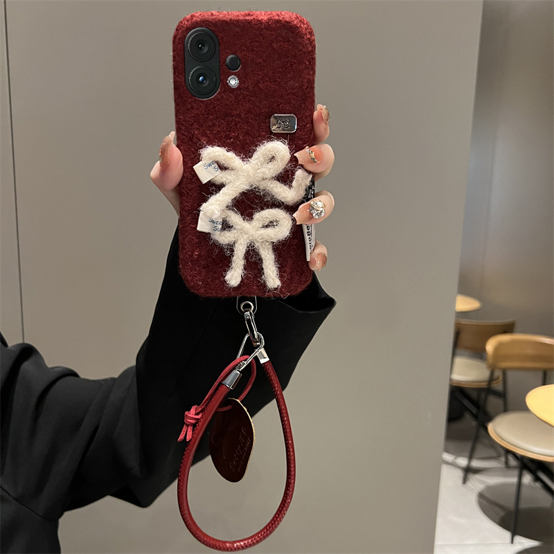 手机壳秋冬绒布红色立体毛绒蝴蝶结挂件皮绳