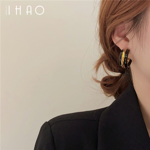 ins風(fēng)時(shí)尚 復(fù)古調(diào)調(diào) 法式 輕奢高級(jí)黑金撞色幾何耳圈 設(shè)計(jì)高級(jí)耳飾