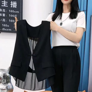 春夏季雪纺拼接风衣马甲外套宽松遮肉配t恤无袖上衣坎肩马夹