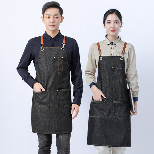 男士咖啡师牛仔围裙工作服定制