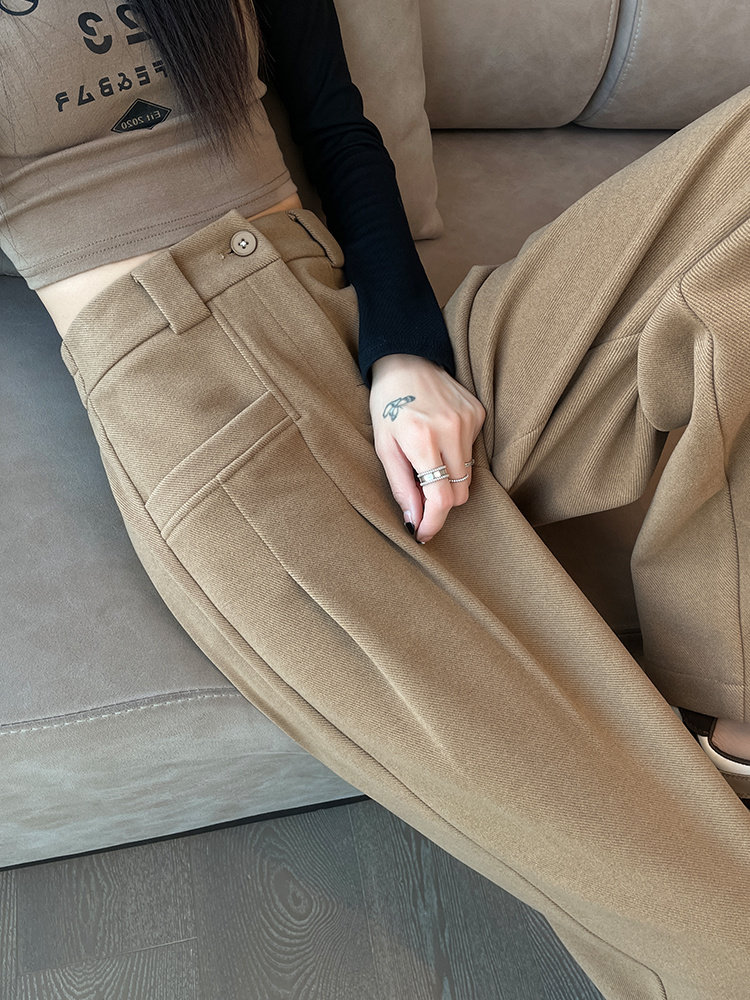 咖啡色高腰加绒加厚阔腿裤女2024秋季新款垂感直筒休闲拖地裤