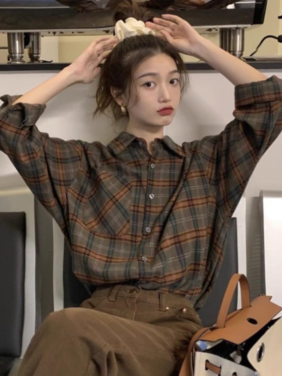 覆古磨毛格子衬衫女装2025早秋新款外穿宽松长袖衬衣休闲叠穿上衣