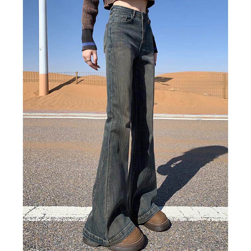 水泥灰微喇牛仔裤女2025春季新款复古高腰提臀弹力显瘦马蹄喇叭裤,女装/女士精品,牛仔裤,淘宝优惠券,粉丝福利购,淘宝优惠卷