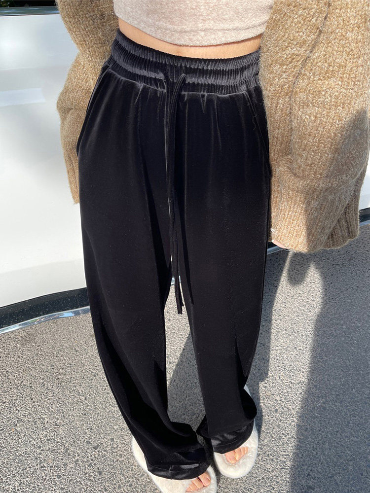 黑色金丝绒阔腿裤女春秋新款高腰垂感宽松显瘦休闲裤直筒拖地裤子