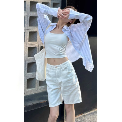 美式白色牛仔短裤女2025新款夏季高腰宽松休闲中裤薄款直筒五分裤
