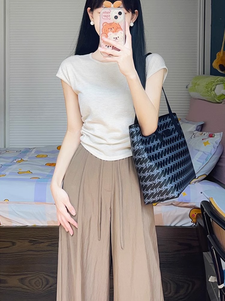 冰丝针织短袖t恤女春夏薄款不规则修身体恤衫褶皱收腰小飞袖上衣