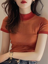 条纹针织短袖正肩体恤夏季女装2024新款撞色t恤半高领橘红色上衣