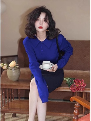 韩式初秋女士蓝色针织衫Meila蓝穿覆古港式Polo领上衣高端软糯针