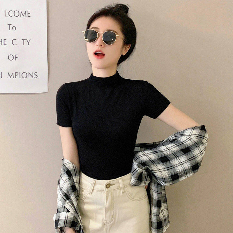 黑色冰丝短袖t恤女2026夏季新款修身显瘦半高领内搭半袖体恤上衣
