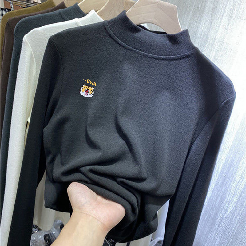 半高领打底衫女士秋冬新款宽松大码内搭印花长袖t恤上衣1027r