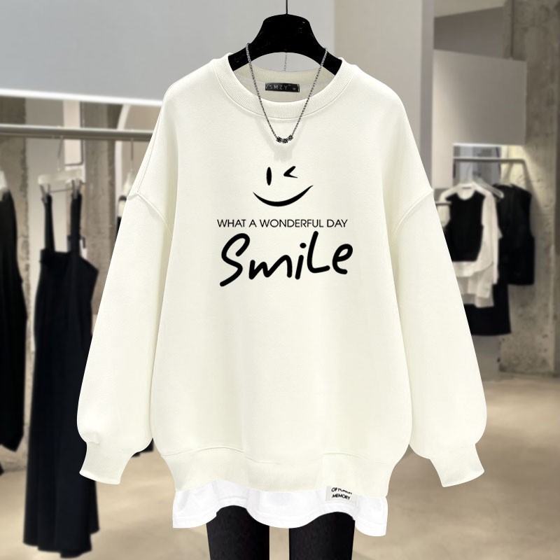 假两件套头卫衣女春秋新款印花中长款大版遮屁股搭配鲨鱼裤的上衣