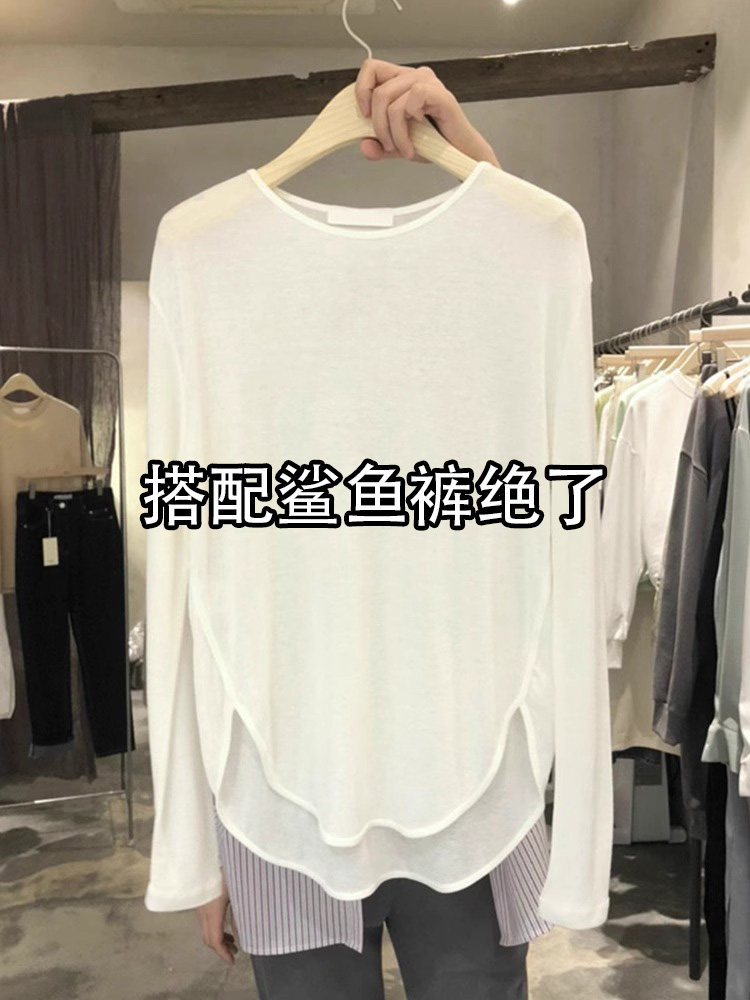薄款白色长袖防晒t恤女夏季中长款瑜伽罩衫薄纱鲨鱼裤搭配的上衣图片
