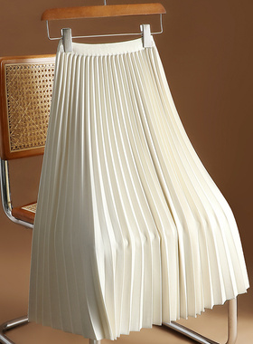 白色百褶半身裙女秋季新款气质高腰中长款显瘦遮胯A字裙大摆伞裙