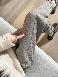 人字纹毛呢直筒裤女士秋冬新款高腰宽松阔腿裤加绒加厚九分烟管裤