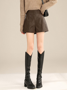 棕色阔腿裤 咖色皮裤 配靴子高腰哑光pu外穿a字靴裤 女秋冬新款 短裤