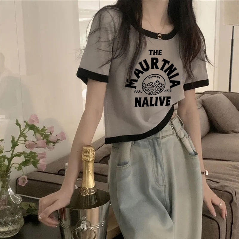 字母印花短袖T恤女早春新款短款高腰正肩小衫棉质撞色拼接上衣ins
