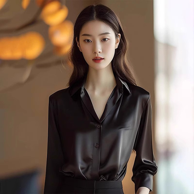 法式缎面黑色长袖衬衫女2025新款早秋高级感轻奢衬衣气质宽松上衣