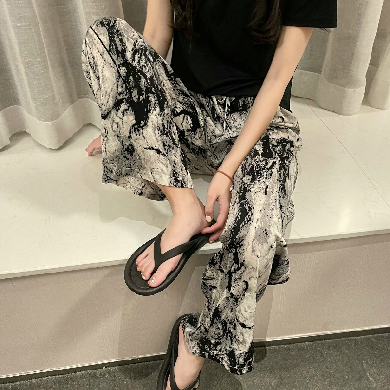 孕妇水墨画阔腿裤夏季薄款外穿2023新款打底裤垂感直筒拖地长裤子