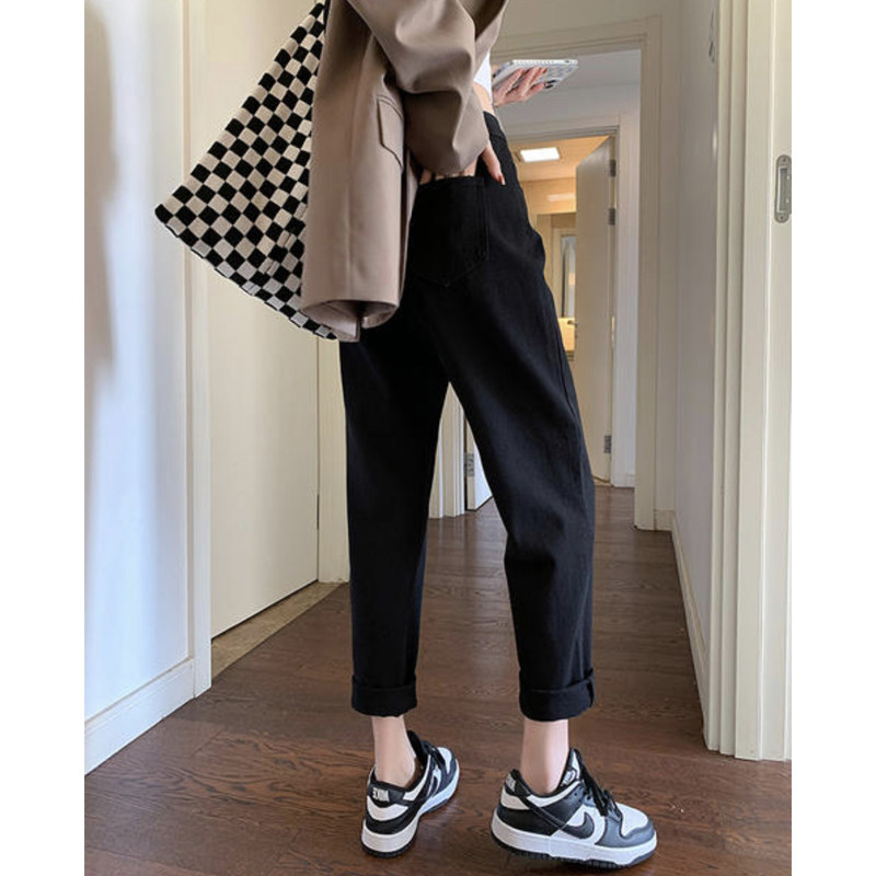 孕妇老爹牛仔裤九分春夏季薄款外穿宽松毛边哈伦托腹裤子黑色春秋