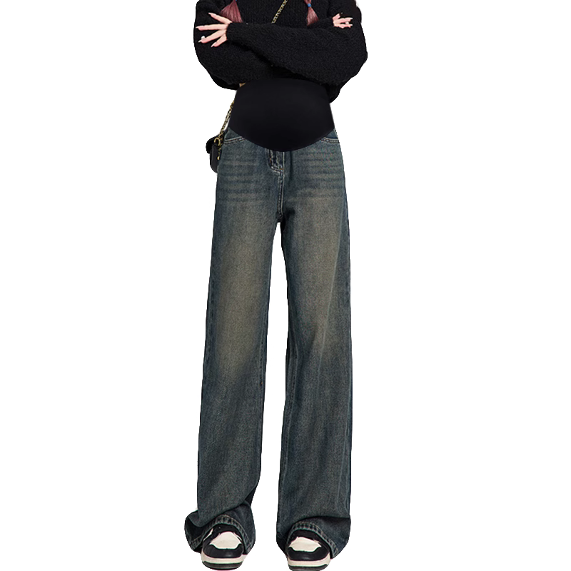 孕妇牛仔阔腿裤子秋冬季加绒加厚2025新款外穿孕期不勒肚子打底裤